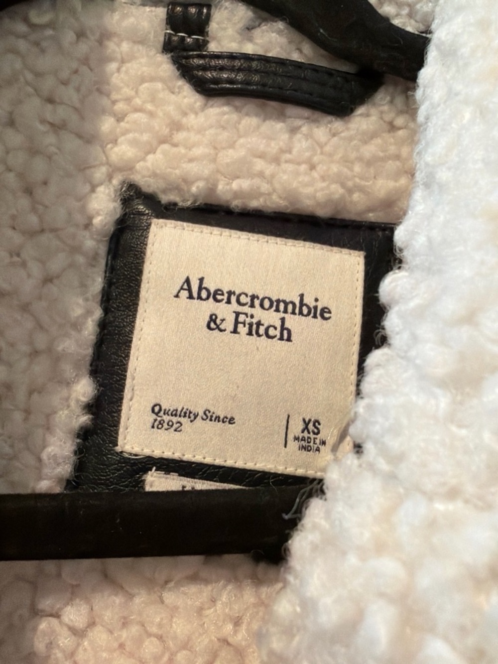 Abercrombie & Fitch Black Faux Leather Jacket with Cream Shearling Trim - Picture 3 of 5